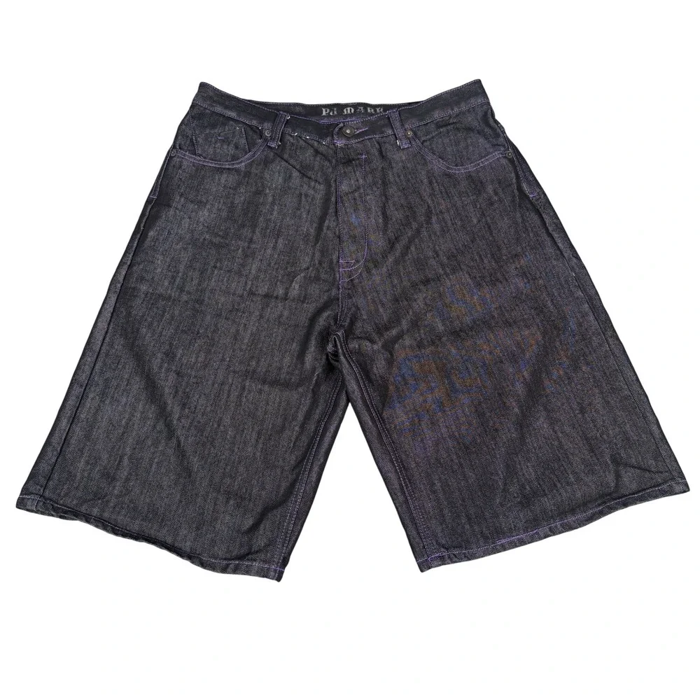 PJ Mark Jean Shorts Mens 38 Black Purple Stitch Jorts Y2K Baggy Hip Hop Skater
